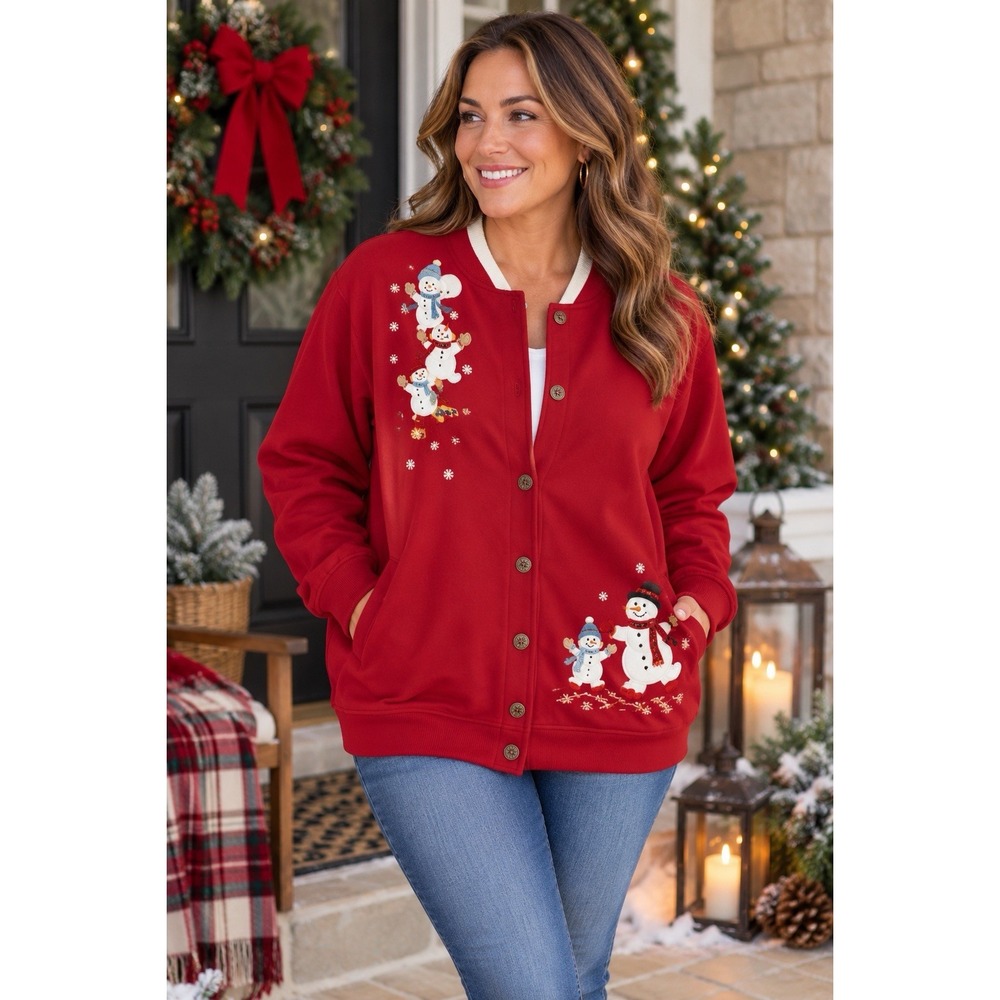 Alfred Dunner PXL Red Snowman Christmas Cardigan Sweatshirt Embroidered Holiday